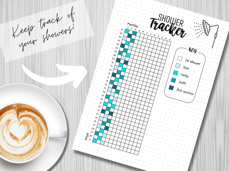 May include: A printable shower tracker with a grid for each day of the month. The grid is colour-coded to track different shower routines: no shower, hair wash, body wash, bath, and full routine.