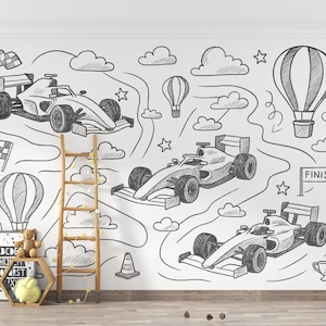 Carta da parati per camerette dei bambini, carta da parati Formula 1, carta da parati con parti di auto, carta da parati con auto da corsa, carta da parati rimovibile, stacca e attacca, carta da parati per auto