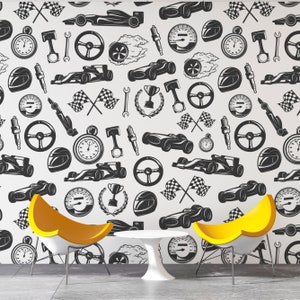 Carta da parati con parti di auto, carta da parati con Formula 1, carta da parati rimovibile, stacca e attacca, carta da parati per auto, decorazione da parete, decorazione per la casa, arte murale stampabile