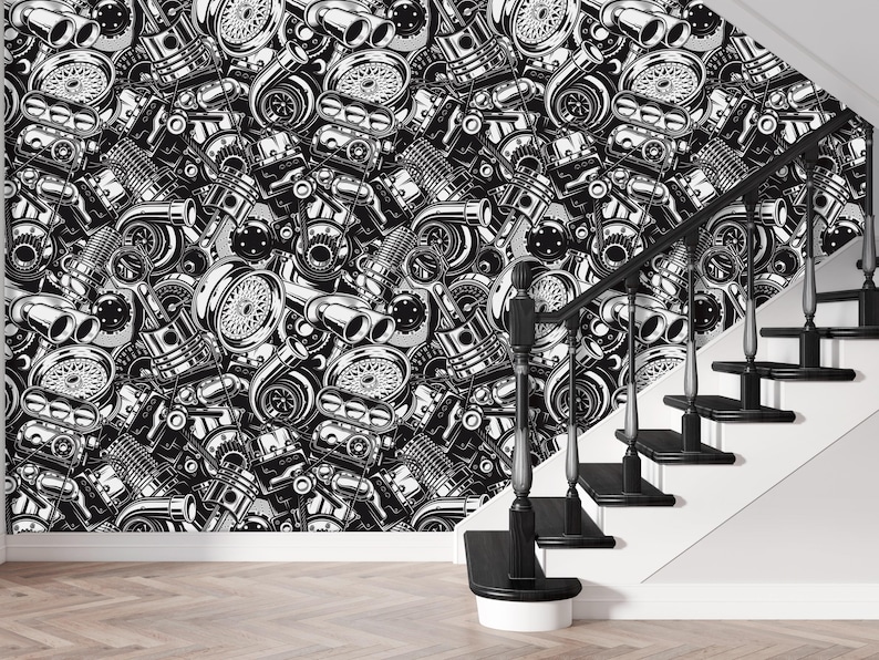 Car Parts Wallpaper: Automotive Theme, Peel and Stick Wall Decor - Etsy