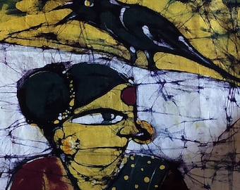 Fisher woman with crow Batik Art print
