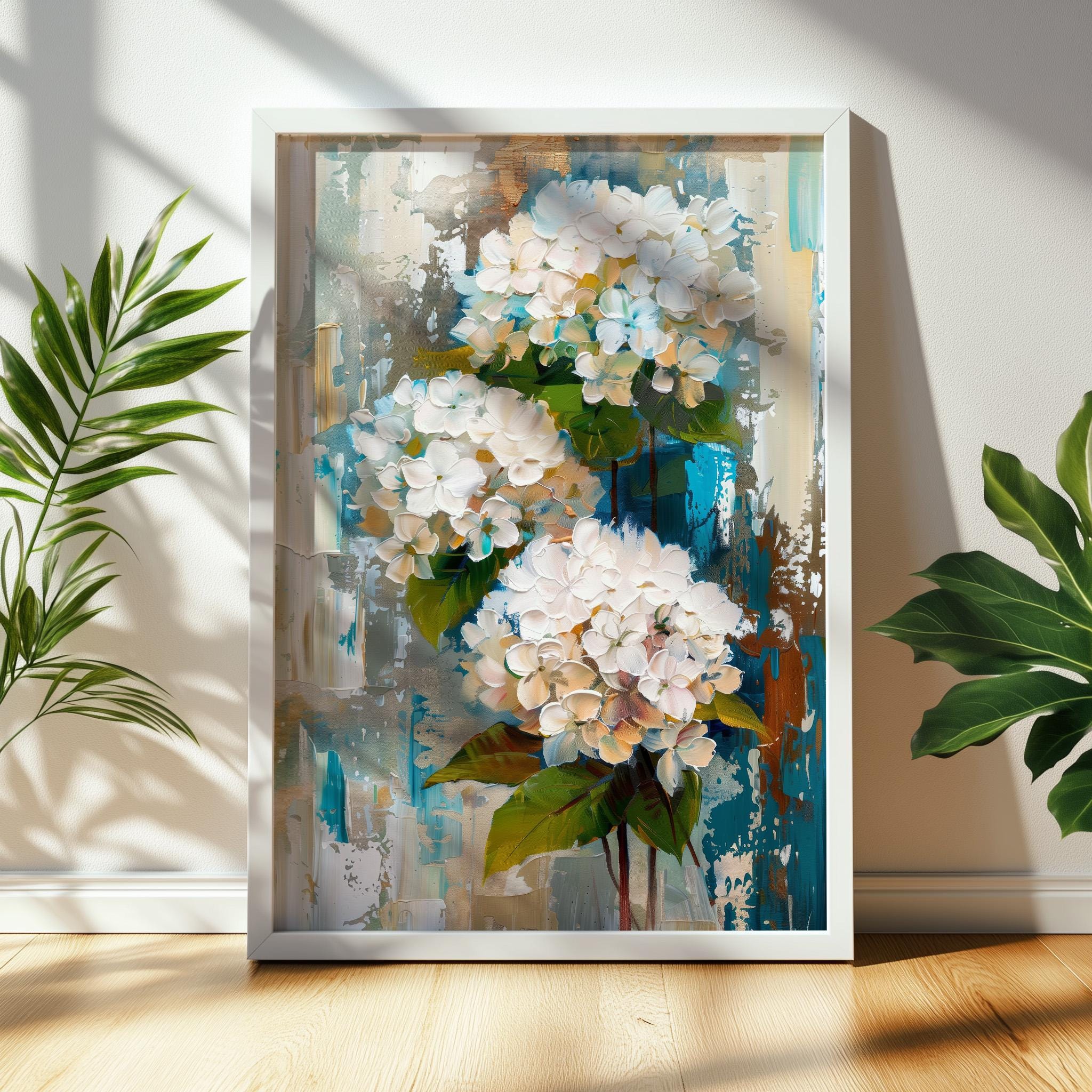 White Hydrangea Painting - Abstract Floral Print, Digital Wall Art for ...