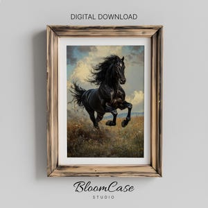 Zwart paard rennend olieverfschilderij - digitale download kunst aan de muur, perfect cadeau voor paardenliefhebbers en woondecoratie paardensport 1130