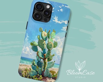 Coque pour iPhone Blue Sea - Plage et cactus - pour iPhone 15, 14, 13, 12, 11, Pro, Plus, Max - Design esthétique original - Cadeau