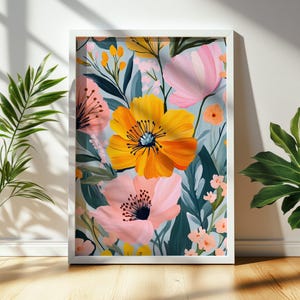 Peinture florale abstraite | Imprimé fleurs roses | Art mural numérique pour décoration d&#39;intérieur et cadeaux, design maximaliste, couleurs vives 1224