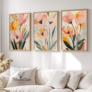 Set of 3 Abstract Tulip Paintings | Pastel Floral Wall Art | Soft Flower Prints for Bedroom or Living Room Decor 1279