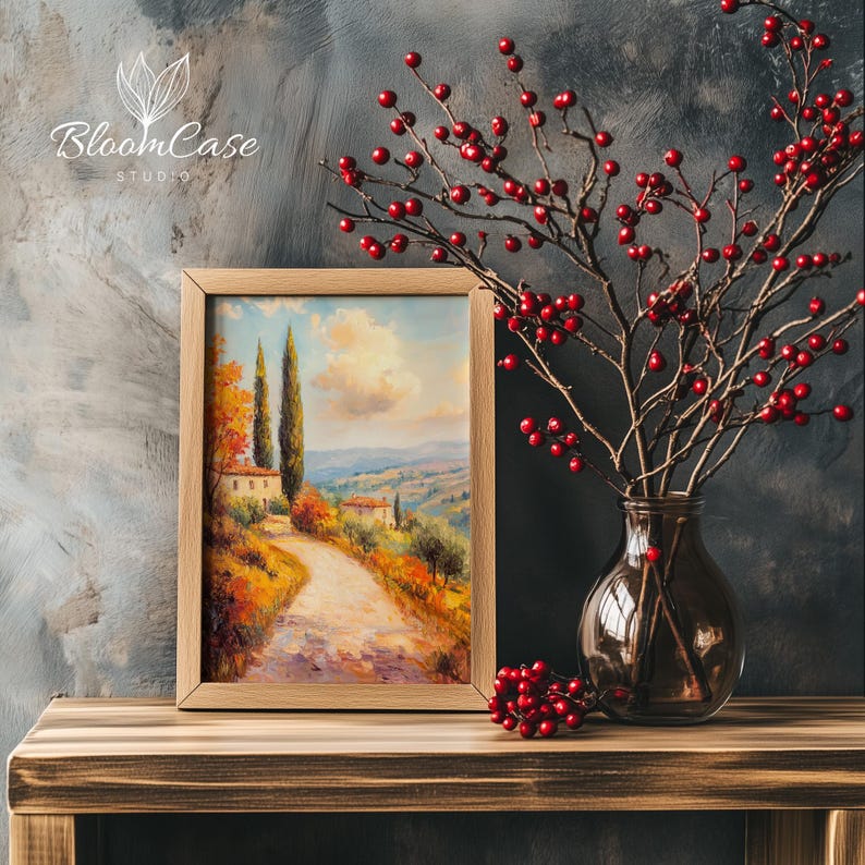 Fall in Tuscany Painting Autumn Italian Landscape Print, Rustic Home