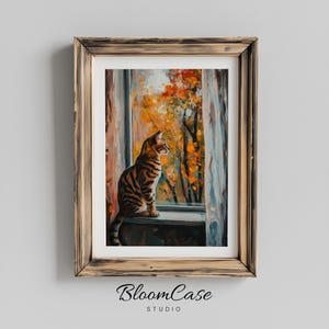Cat Painting | Bengal Cat Autumn Artwork & Cozy Digital Wall Art for Cat Lovers, Printable Home Decor, Cute Feline Decor 1085