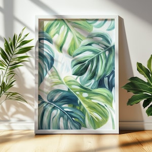 Abstract Monstera Leaves Painting, Tropical Wall Art, Vibrant Green Botanical Decor, Jungle-Inspired Printable Artwork 1260