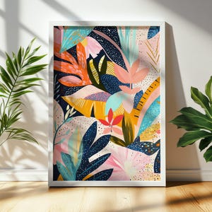Abstraktes Tropisches Paradies Gemälde, Verspielte exotische Wandkunst, Bunter Dschungel-inspirierter Druck, Mutiges botanisches Dekor, druckbare Kunst 1261