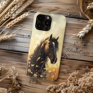 HORSE Personalized iPhone Case - Dark brown horse with flowers - Equestrian - for iPhone 15, 14, 13, 12, 11, 8, 7, SE, Pro, Plus, Max- Gift