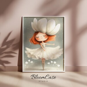 Arte de bailarina con tulipanes blancos / Decoración de habitación de niña / Ideas para la pared de la guardería / Póster caprichoso para dormitorio infantil / Descarga digital para niños 1199