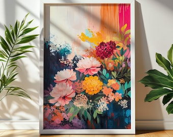 Abstract Floral Painting | Colorful Flowers Print | Maximalist Digital Large Wall Art for Home Decor & Unique Gifts 1102