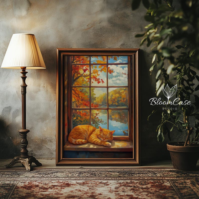 Cat Painting Autumn Cat Artwork & Cozy Digital Wall Art for Cat Lovers