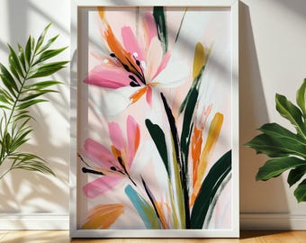 Impresión de flores tropicales rosas / Arte mural digital colorido / Obra botánica brillante / Decoración floral vibrante imprimible para el hogar y la oficina 1263