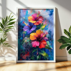 Abstract Floral Painting | Colorful Hibiscus Flower Print | Printable Digital Wall Art for Home Decor & Gifts, Maximalist Design, Bold 1016