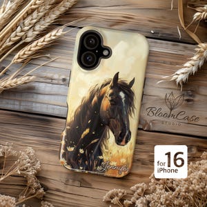 iPhone 16 Horse Personalized Case - Dark brown horse with flowers - Equestrian Design - for iPhone 16, Plus, Pro, Pro Max - Gift idea