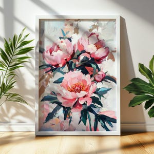 Peinture florale abstraite | Art mural numérique imprimable | Imprimé fleurs de pivoines roses pour décoration d&#39;intérieur et cadeaux 1009