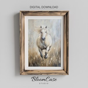 White Horse Running Oil Painting - Digital Download Wall Art, Perfect Gift for Horse Enthusiasts & Equestrian Home Decor 1126
