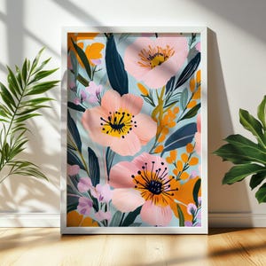Peinture florale abstraite | Imprimé fleurs roses | Art mural numérique pour décoration d&#39;intérieur et cadeaux, design maximaliste, couleurs vives 1222