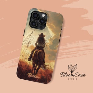 Cowgirl at sunset - Personalized Case - Horse phone case - Equestrian gift - iPhone 15, 14, 13, 12, 11, Pro, Plus, Max- Horse lover gift