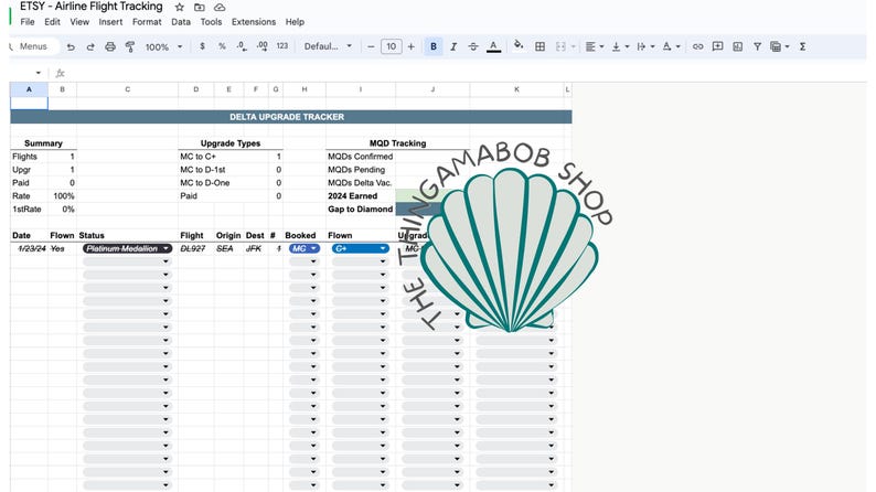 May include: A spreadsheet with the title "DELTA UPGRADE TRACKER" showing a summary of flight upgrades, upgrade types, and MQD tracking. The spreadsheet includes columns for date, flown status, flight, origin, destination, booked, and flown. The spreadsheet is filled with data, including the date 12/23/24, the flown status "Yes", the flight number DL507, the origin SEA, the destination JFK, and the flown status "G".