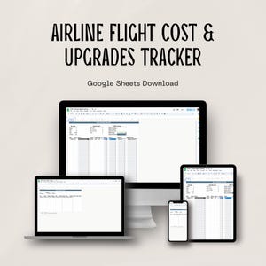 Peut inclure: Un modèle de feuille de calcul Google Sheets pour suivre les coûts et les surclassements des vols aériens. Le modèle est affiché sur un ordinateur de bureau, un ordinateur portable, une tablette et un smartphone.