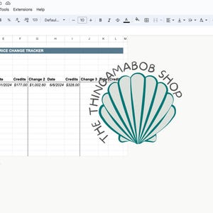 May include: A spreadsheet with the title "PRICE CHANGE TRACKER" and a column labeled "Trip" with the text "SEA-SAU" in the first row. The spreadsheet has columns for "Conf #", "$/Ticket", "Change 1", "Date", "Credits", "Change 2", "Date", "Credits", and "Change 3". The first row of the spreadsheet has the following data: "XO0000X", "$1,507.60", "$1,330.60", "5/31/2004", "$177.00", "$1,002.60", "6/5/2004", "$328.00". The spreadsheet has a button labeled "Add" and a button labeled "1000" with the text "more rows at the bottom". The spreadsheet is overlaid with a logo that says "THE THINGAMABOB SHOP" with a seashell graphic.