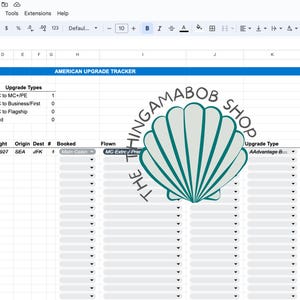 May include: A spreadsheet with a blue header that says "AMERICAN UPGRADE TRACKER". The spreadsheet is used to track airline upgrades. The spreadsheet has columns for date, flown status, flight, origin, destination, booked, and flown. The spreadsheet also has a column for upgrade type. The spreadsheet is filled with data.