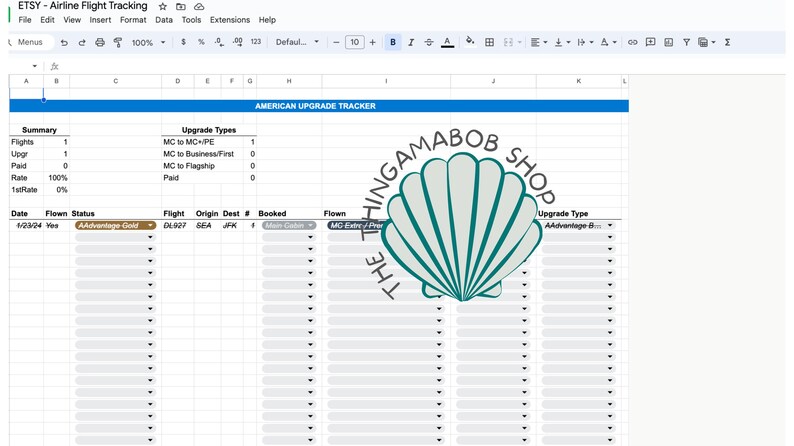 May include: A spreadsheet with a blue header that says "AMERICAN UPGRADE TRACKER". The spreadsheet is used to track airline upgrades. The spreadsheet has columns for date, flown status, flight, origin, destination, booked, and flown. The spreadsheet also has a column for upgrade type. The spreadsheet is filled with data.