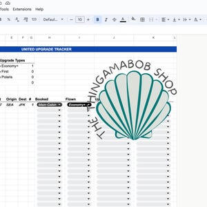 May include: A spreadsheet with the title "UNITED UPGRADE TRACKER" and columns for "Date", "Flown", "Status", "Flight", "Origin", "Dest #", "Booked", and "Flown". The spreadsheet is used to track airline upgrades.