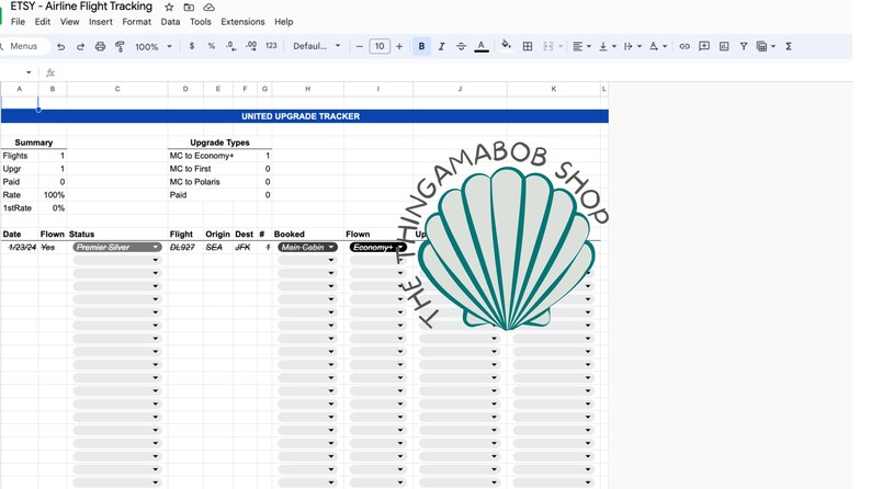 May include: A spreadsheet with the title "UNITED UPGRADE TRACKER" and columns for "Date", "Flown", "Status", "Flight", "Origin", "Dest #", "Booked", and "Flown". The spreadsheet is used to track airline upgrades.