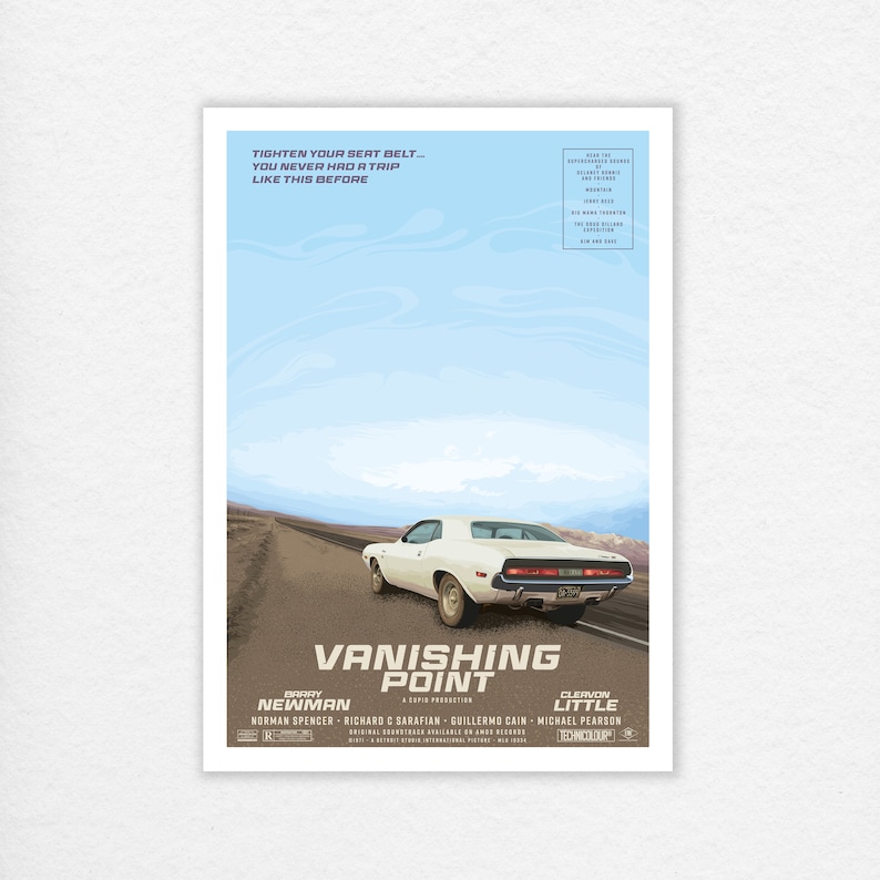 May include: A movie poster for the 1971 film "Vanishing Point" featuring a white Dodge Challenger driving down a desert road. The poster features the film's title, the actors' names, and the tagline "Tighten your seat belt... You never had a trip like this before."