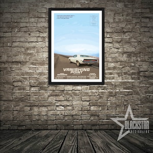 May include: A movie poster for the film "Vanishing Point" featuring a white Dodge Challenger driving on a desert road. The poster has a blue sky with white clouds in the background. The text on the poster reads "Vanishing Point" with the names of the actors, director, and producer listed below.