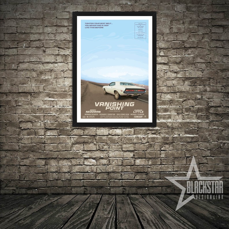 May include: A movie poster for the film "Vanishing Point" featuring a white Dodge Challenger driving on a desert road. The poster has a blue sky with white clouds in the background. The text on the poster reads "Vanishing Point" with the names of the actors, director, and producer listed below.