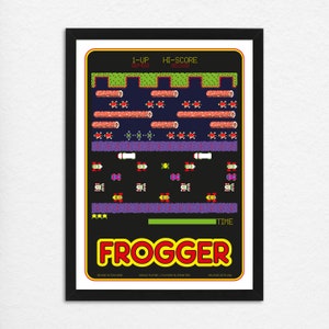 Op de afbeelding: Een retro-poster met het klassieke arcade-spel Frogger. De poster is zwart met een groen, paars en geel kleurenschema. De titel van het spel, "Frogger", wordt weergegeven in grote gele letters. De poster bevat ook de besturing en instructies van het spel.