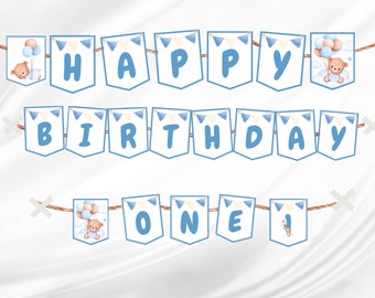 Banner di buon compleanno Baby Bear Palloncini Download istantaneo Stampabile Compleanno del bambino Decorazioni per feste digitali Compleanno Ragazzo Prima festa di compleanno