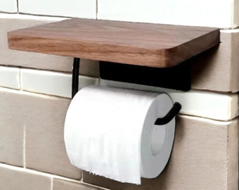 Wall Mounted Toilet Paper Holder with Walnut Shelf | Toilet roll Holder-Bathroom storage Tissue Roll Hanger | Modern Bathroom Accessories