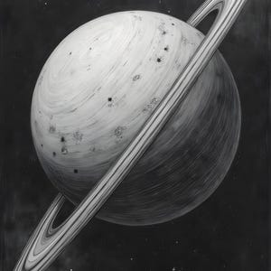 以下が含まれることがあります： 宇宙にリングのある惑星の白黒のイラスト。惑星は星に囲まれている。