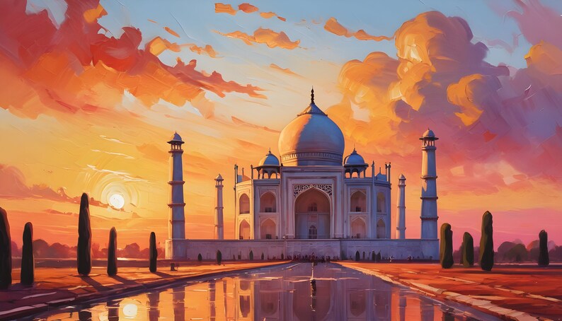 Tableau Toile Taj Mahal Au Coucher Du Soleil - Poster Imprimé Avec Cadre - Décoration Murale Moderne