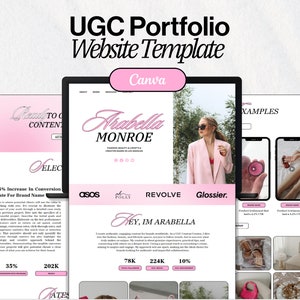 May include: A website template for a UGC portfolio, featuring a pink and white color scheme. The template includes a header with the text "UGC Portfolio Website Template" and a subheader with the text "Canva". The website also includes a section with the text "Arabella Monroe" and a section with the text "Examples".