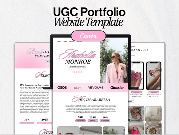 UGC Portfolio Canva Website Template | For Social Media Influencers & Content Creators | Pink Barbie Aesthetic, Minimal, Modern | Arabella