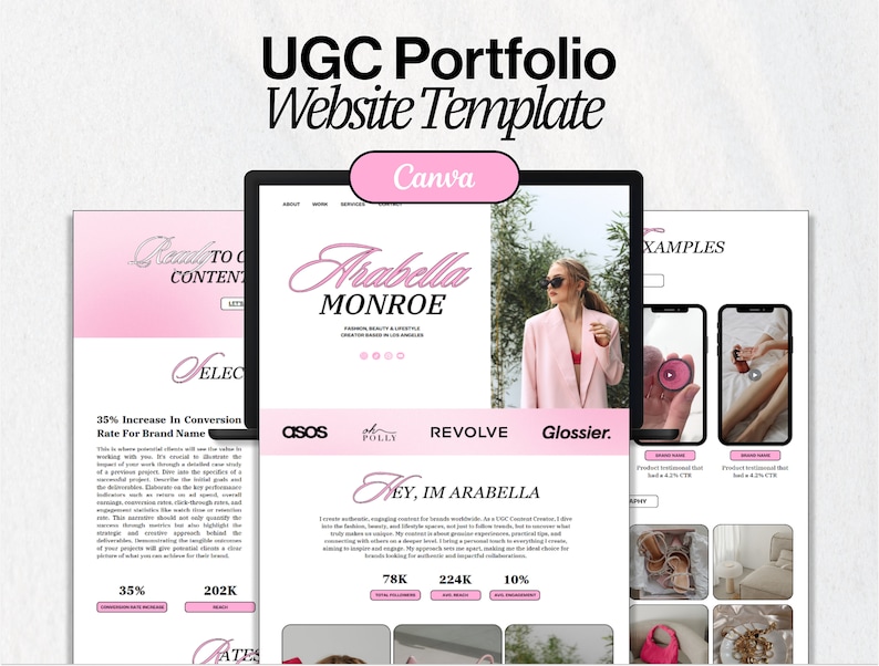 May include: A website template for a UGC portfolio, featuring a pink and white color scheme. The template includes a header with the text "UGC Portfolio Website Template" and a subheader with the text "Canva". The website also includes a section with the text "Arabella Monroe" and a section with the text "Examples".
