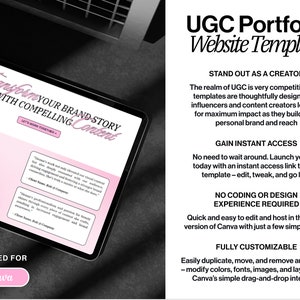 May include: A website template for creating a UGC portfolio. The template is designed for influencers and content creators to showcase their work and build their personal brand. The template is fully customizable and can be edited and hosted in Canva.