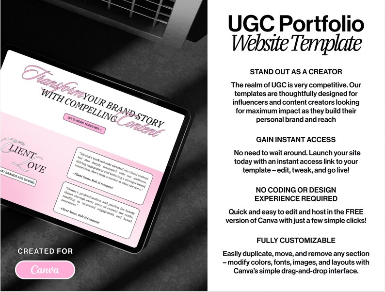 May include: A website template for creating a UGC portfolio. The template is designed for influencers and content creators to showcase their work and build their personal brand. The template is fully customizable and can be edited and hosted in Canva.