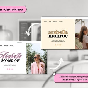 May include: A website template for a fashion, beauty, and lifestyle creator. The template features a light background with a large, bold font for the name "Arabella Monroe". The template is easy to edit in Canva.