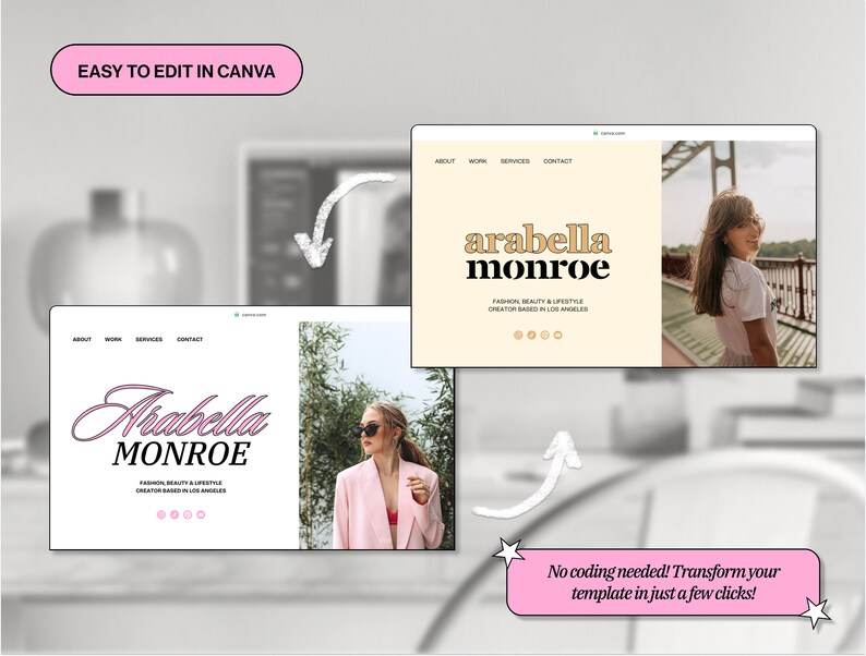 May include: A website template for a fashion, beauty, and lifestyle creator. The template features a light background with a large, bold font for the name "Arabella Monroe". The template is easy to edit in Canva.