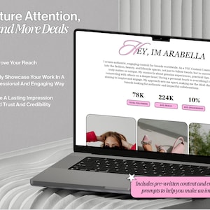 May include: A laptop computer screen displaying a website with the text "HEY, IM ARABELLA" and a description of the website owner's services as a UGC Content Creator. The website also includes statistics about the owner's social media presence, including total followers, average reach, and engagement rate. The text "Includes pre-written content and engaging prompts to help you make an impact" is displayed at the bottom of the screen.