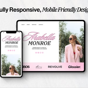 May include: A website design mockup showing a mobile phone and a tablet computer displaying a website for Arabella Monroe, a fashion, beauty, and lifestyle creator based in Los Angeles. The website features a pink color scheme and a photo of a woman wearing a pink blazer and sunglasses. The website also includes links to various brands, including ASOS, Oh Polly, Revolve, and Glossier.