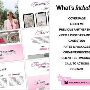 May include: A pink and white digital marketing kit for content creators. The kit includes a cover page, about me section, previous partnerships, video and photo examples, case study, rates and packages, creative process, client testimonials, call to actions, contact information, and 36 matching icons to use. The kit also includes the text "Transform with Content".
